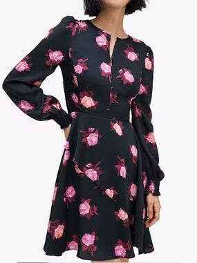 Kate Spade NY Rose Garden Smocked Satin dress black pink